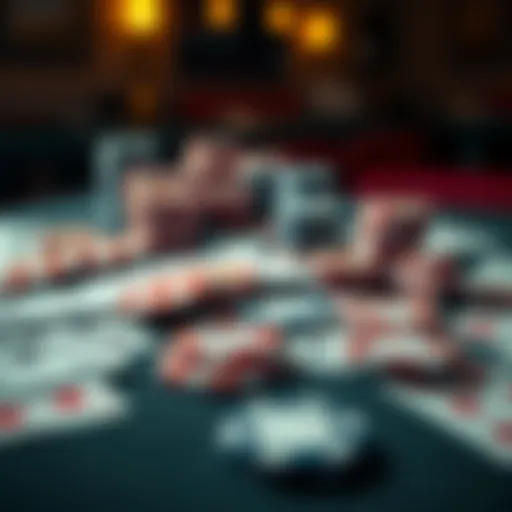 A close-up of poker chips and playing cards scattered on a table, symbolizing the end of online poker gaming.