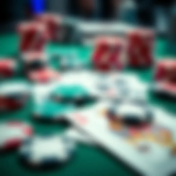 Close-up of poker chips and playing cards on a table, ready for an online poker game.