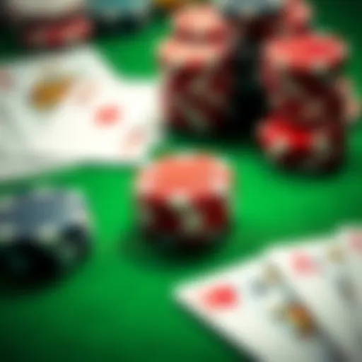 A close-up of poker chips and playing cards on a green felt table, signaling a poker game setting.