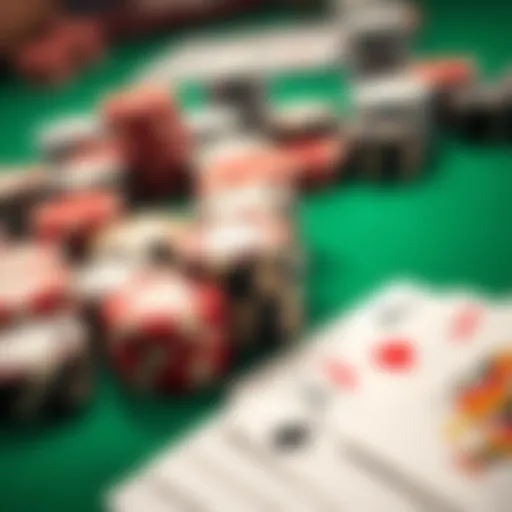 A close-up view of poker chips and playing cards on a green felt table, representing a lively poker game.