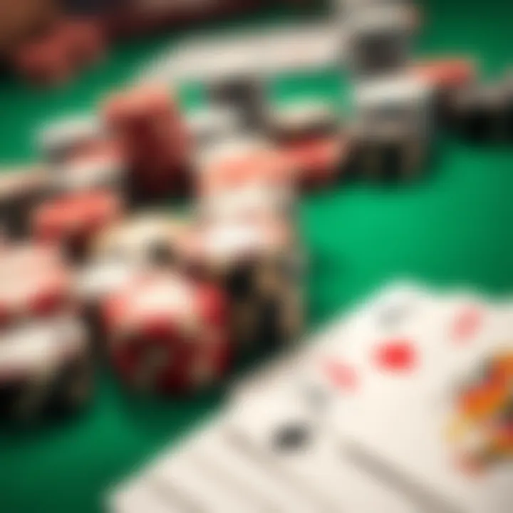 A close-up view of poker chips and playing cards on a green felt table, representing a lively poker game.