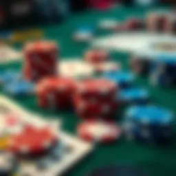 A close-up of poker chips and cards scattered on a gaming table, highlighting the excitement of playing Pot Limit Omaha.