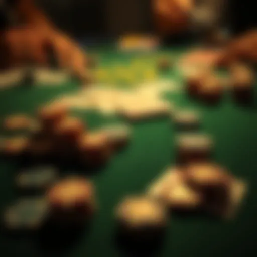 A poker table with chips and playing cards spread out, showing an intense game in progress.