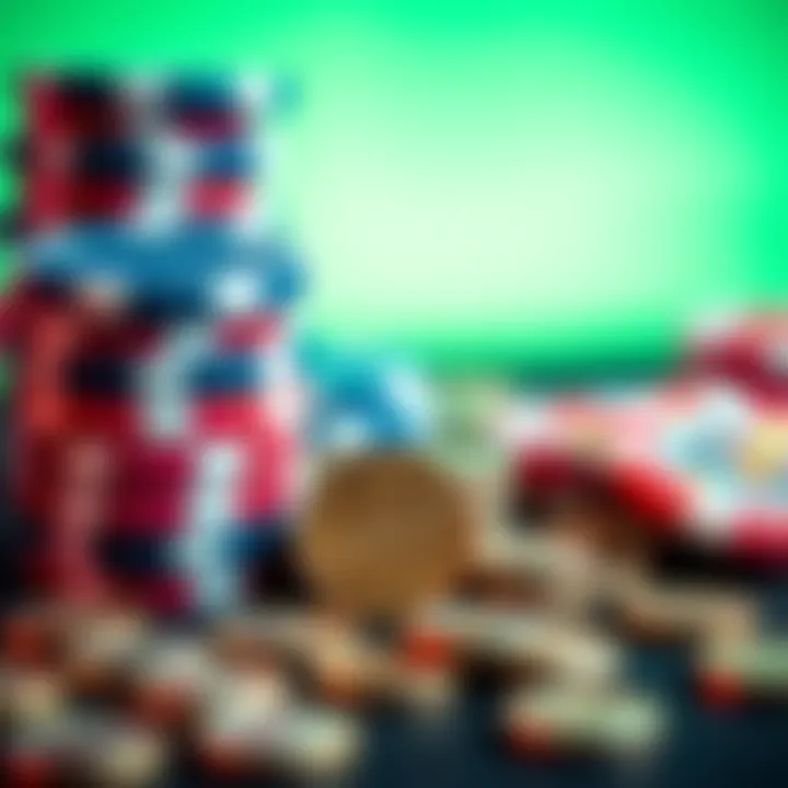 Various poker chips alongside small coins representing low bets in online gambling.