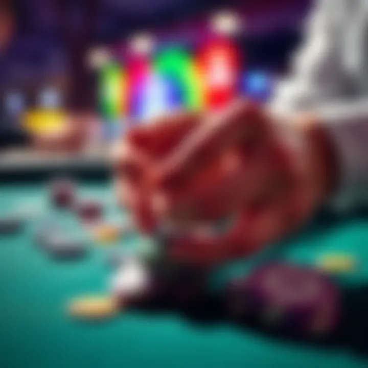 A close-up of colorful poker chips being shuffled in a player's hands on a gaming table.
