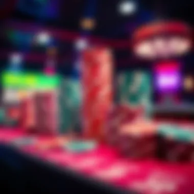 A close-up of tall stacks of colorful poker chips on a casino table, showing excitement from a 200NL poker game