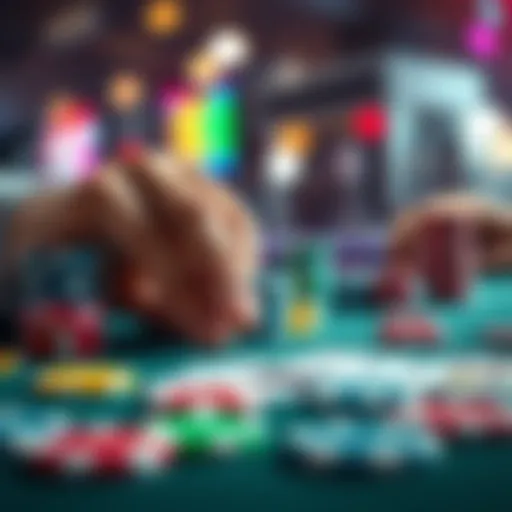 A close-up of colorful poker chips on a table, highlighting a player's hand strategizing their next move in a poker event.