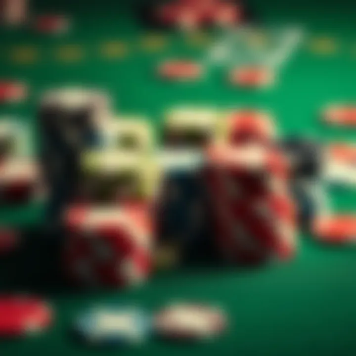 A close-up view of various poker chips stacked on a green table, illustrating a gambling scenario