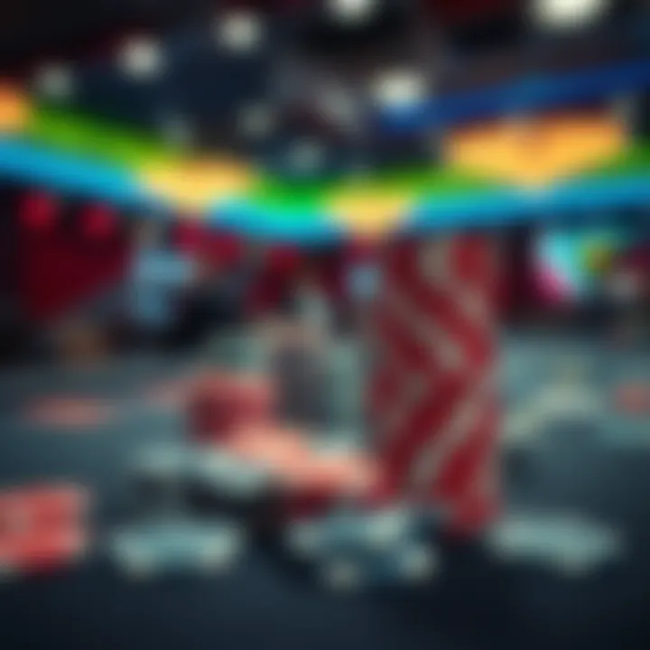 Multiple poker chips arranged on a table at a tournament in Arizona, showing different colors and sizes