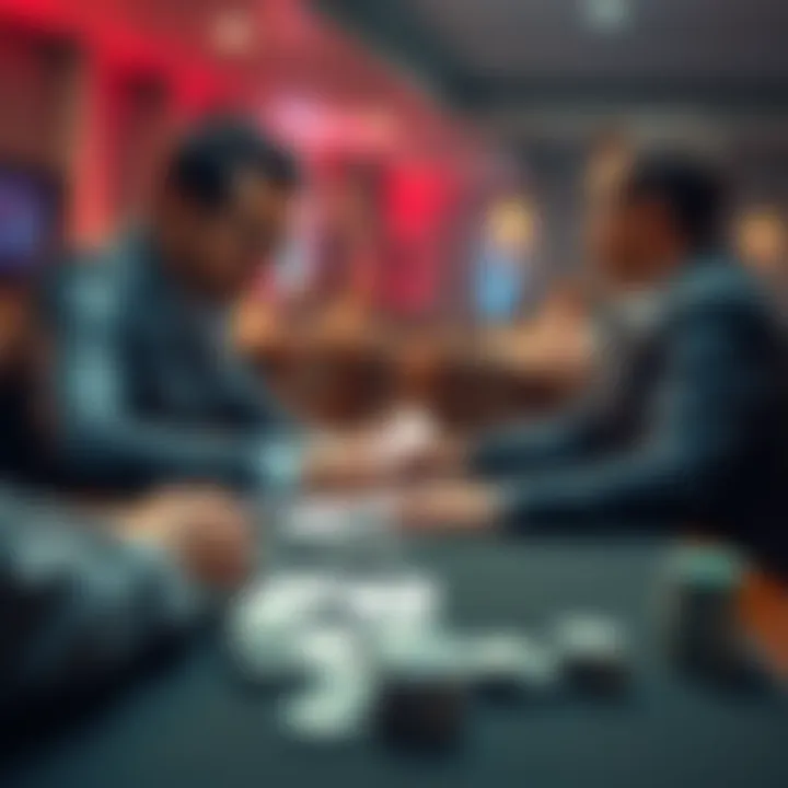 A poker player studying strategy with a coach at a table surrounded by cards and chips