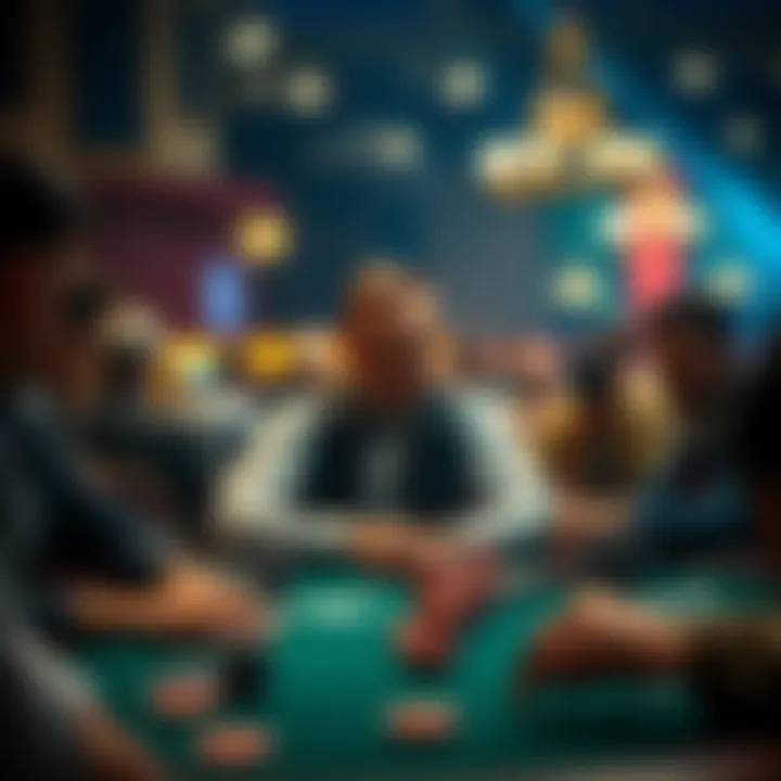 A poker dealer managing a table full of players, focusing on the cards and chips, with an expression of concentration.