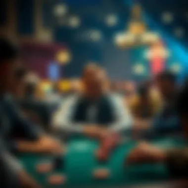 Poker dealer at the table A poker dealer managing a table full of players, focusing on the cards and chips, with an expression of concentration.