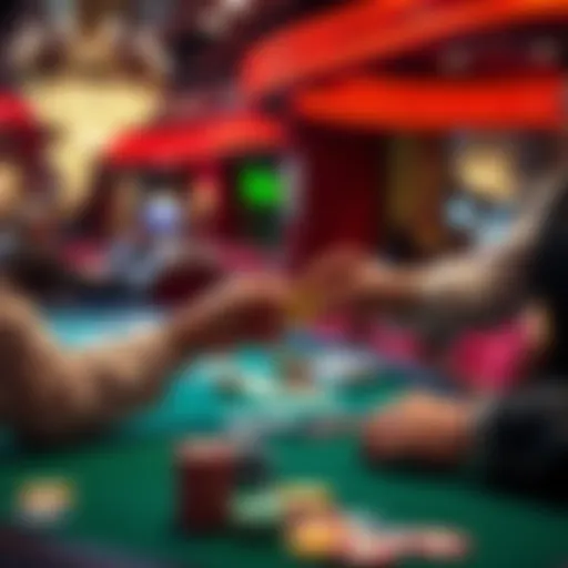 A poker dealer at a casino table receiving tips from a player, with poker chips and cards in view