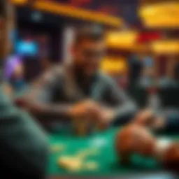 Poker dealer at work A poker dealer managing a game table with players, showcasing chips and cards, while providing a friendly atmosphere.