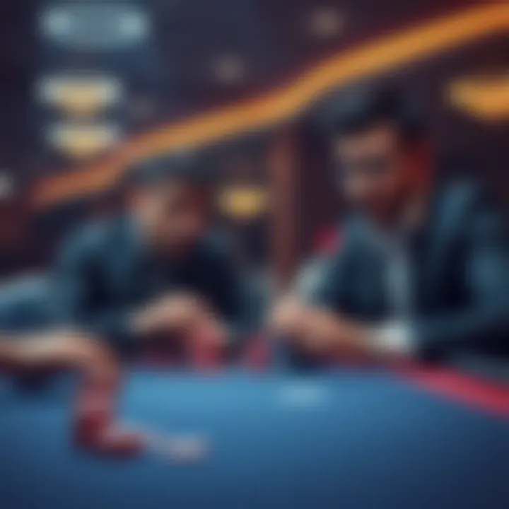 Two poker players at a table considering their bets while chips are stacked in front of them