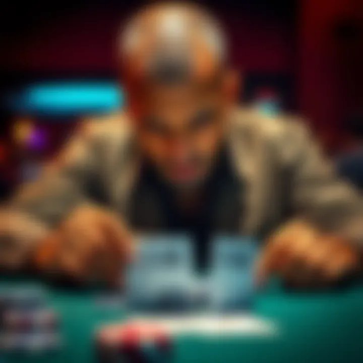 A poker player contemplating a decision with AK suited cards in front of him at a table, displaying tension and focus.