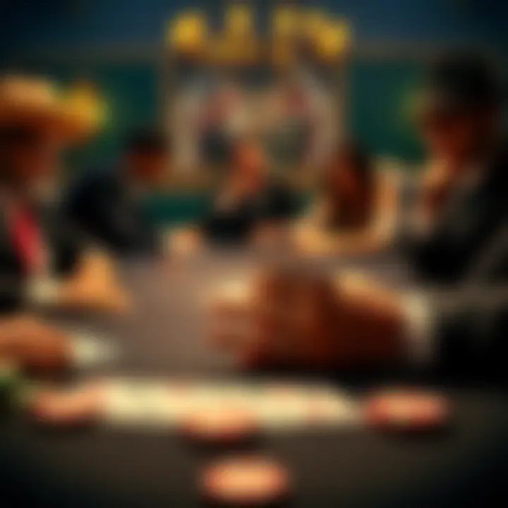 Poker decision analysis A poker table with cards showing 7 of spades and 7 of clubs, highlighting a player making a critical raise, with other players looking on thoughtfully.