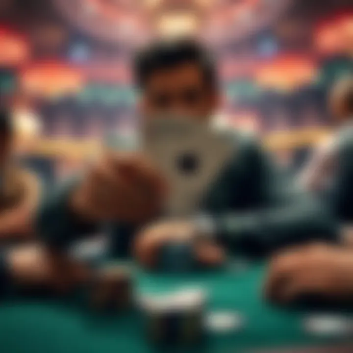 A player holding an Ace and Seven of clubs at a poker table with other players in the background