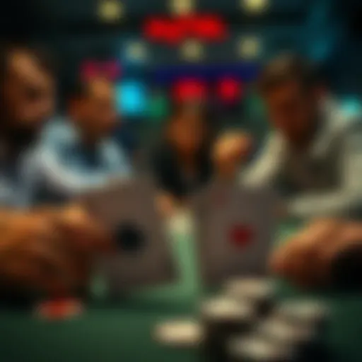A close-up of poker cards showing a top pair with concerned players contemplating their next move at a table