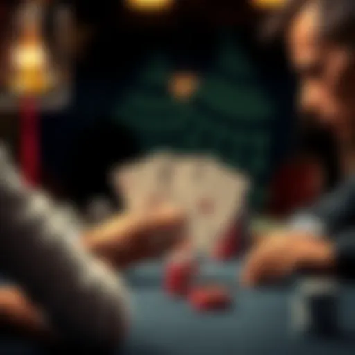 A player holding a pair of nines considers whether to play or fold at a poker table against a strong opponent.