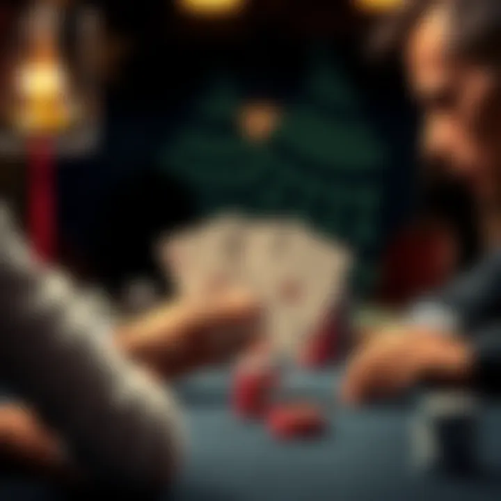 A player holding a pair of nines considers whether to play or fold at a poker table against a strong opponent.