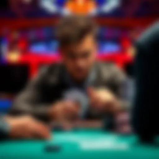 A poker player contemplating a decision at the table, holding TT hand while facing a big shove from another player. Chips and cards are visible.