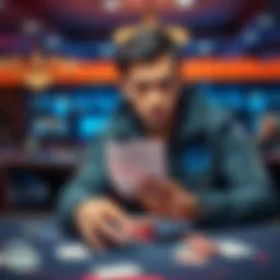 Allegations of poker fraud A professional poker player holding evidence of fraud against Club WPT Gold, looking concerned while sitting at a poker table with cards and chips around.
