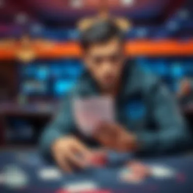 Allegations of poker fraud A professional poker player holding evidence of fraud against Club WPT Gold, looking concerned while sitting at a poker table with cards and chips around.
