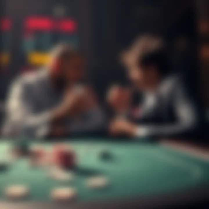 Two friends arguing at a poker table after a controversial hand, with poker chips scattered around them.