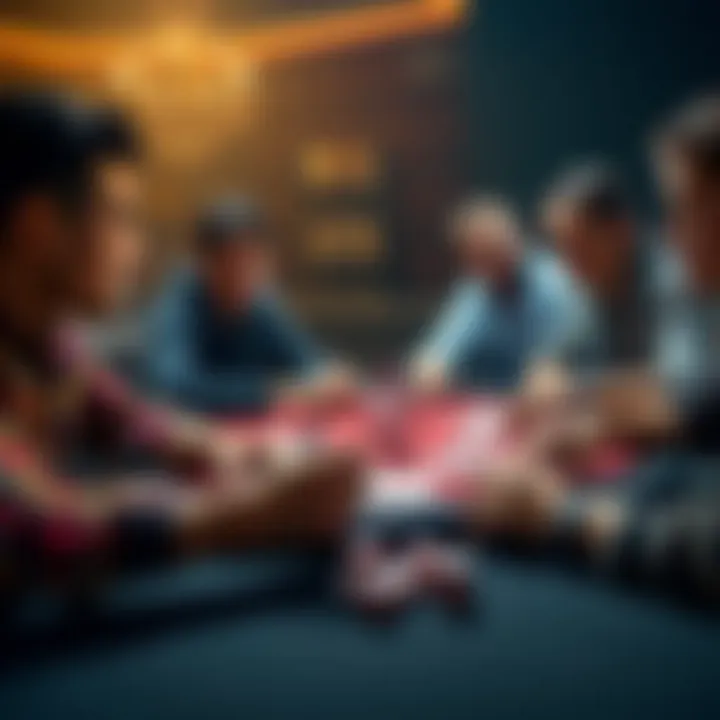 A group of friends playing 4 Card PLO poker at a table, showing cards and chips, with one player looking confident while others appear uncertain.