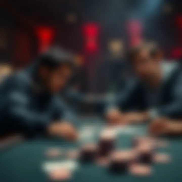A tense poker scene showing two players, 3coin and Koon, at a table with cards and chips, with confusion in the air as one player goes all in while the other looks surprised.