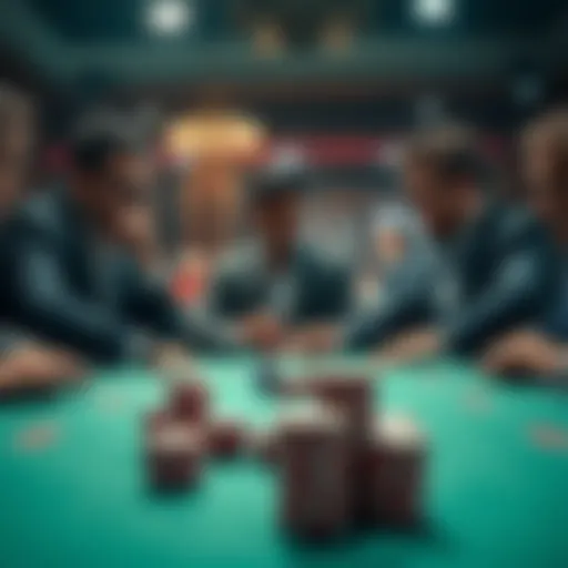 A poker table scene showing an aggressive player bluffing, with chips stacked high and other players looking uncertain.