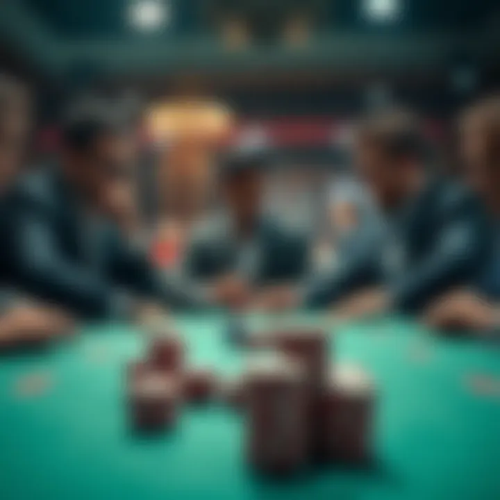 Poker game with aggressive player A poker table scene showing an aggressive player bluffing, with chips stacked high and other players looking uncertain.