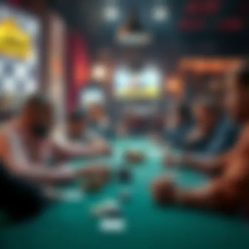 A close-up of a poker table with players in a bar, discussing their hands and strategies after a game.