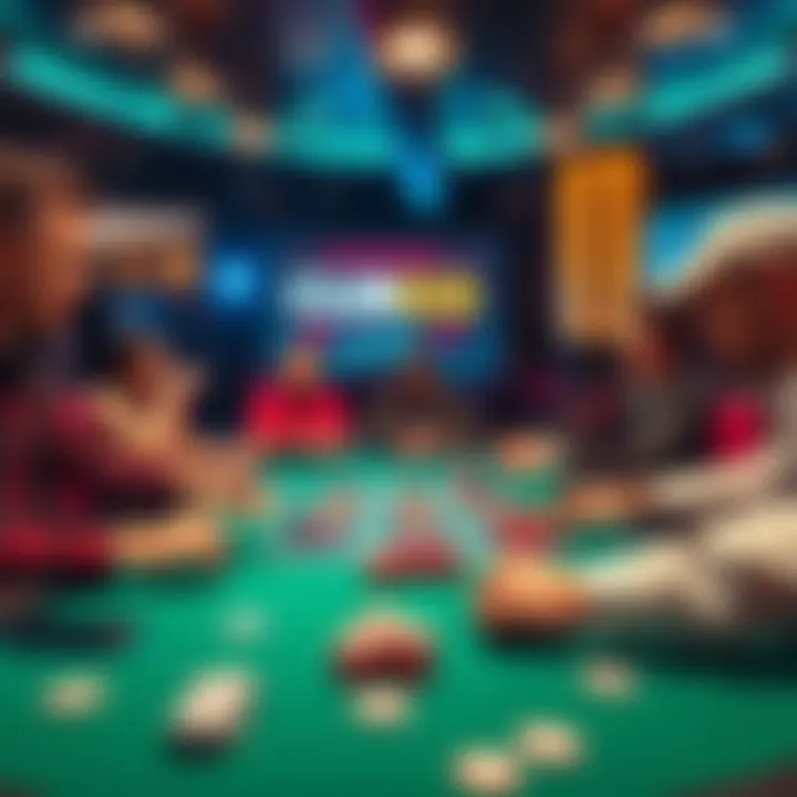 A lively poker table setting at ClubGG with players engaged in NLH and PLO games, showcasing chips and cards.