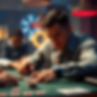 Poker game conflict A tense moment at a poker table as a player faces a tough decision with chips in front of him and an opponent in an all-in stance