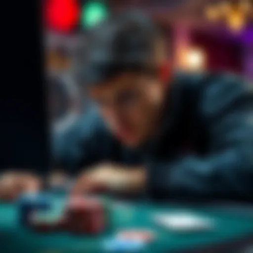 A close-up of a poker player looking worried while staring at their online game screen, with cards and chips visible on the table.