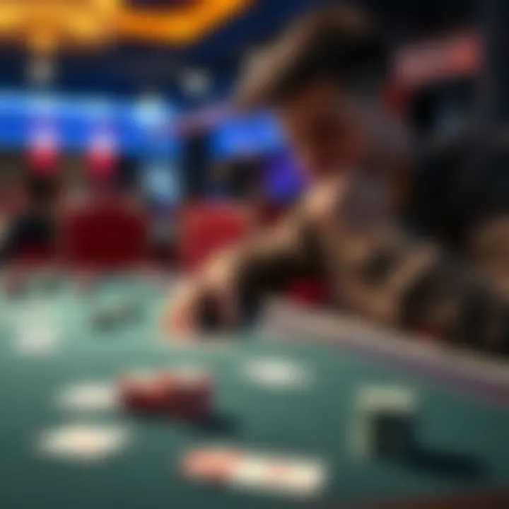 A person studying poker strategies with cards and chips on a table, contemplating their next move