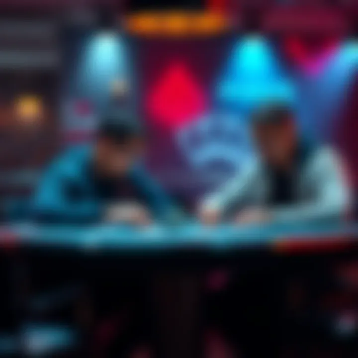 Poker Game Evolution Two poker players at a table, one using modern technology while the other plays traditionally, showing the evolution of poker strategy