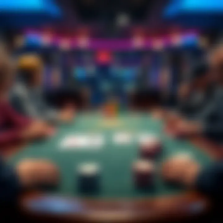 Poker game with five cards A table with a poker game featuring five cards and chips, players engaged in a betting round