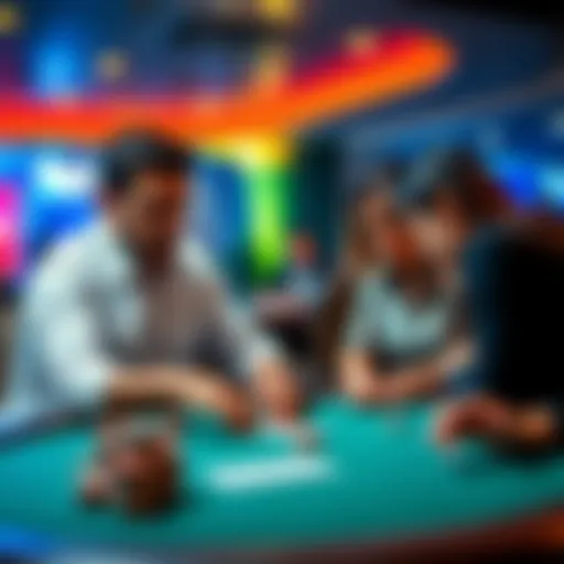 A poker game at a casino with a frustrated man and his wife defending another player, capturing tension and emotion at the table