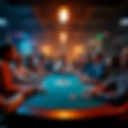 A group of people playing poker at a table in a lively atmosphere
