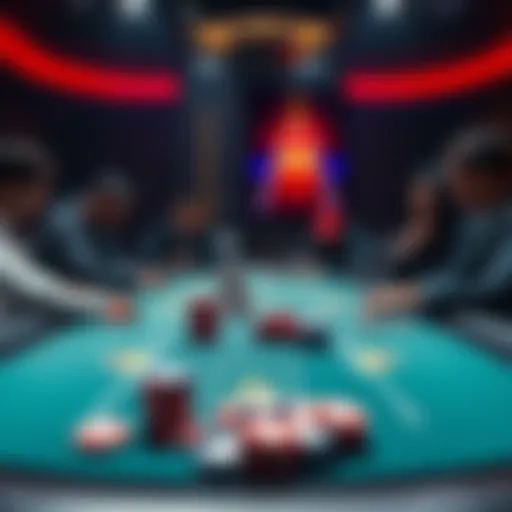 A poker table with players discussing strategies but not mentioning the term 'downbet'.