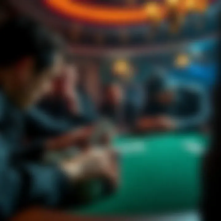 A tense poker game scene with players focused on their cards and chips, highlighting a moment of revelation between opponents.