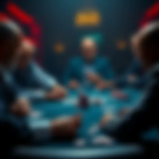 A tense moment at a poker table showing players focused on their cards and chips, with one player raising the stakes, creating an intense atmosphere.