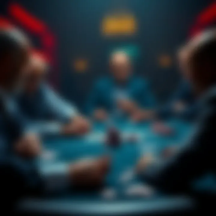 A tense moment at a poker table showing players focused on their cards and chips, with one player raising the stakes, creating an intense atmosphere.