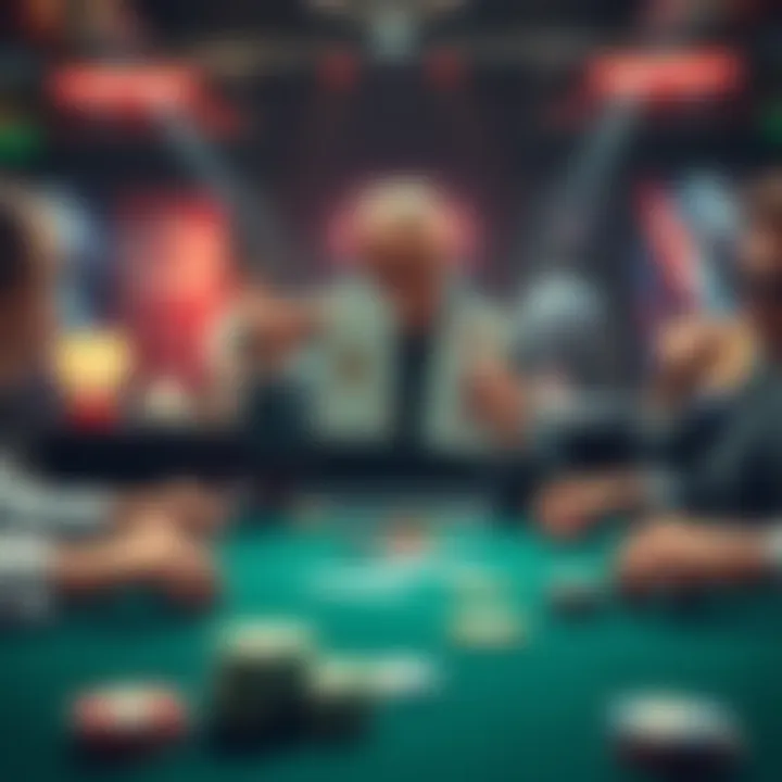 Poker Game Moment A poker player reveals a Nut Flush while opponents show Trips and a Straight, creating a tense atmosphere at the table.