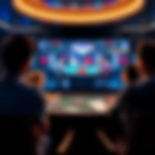A poker game being played on a TV screen with spectators watching