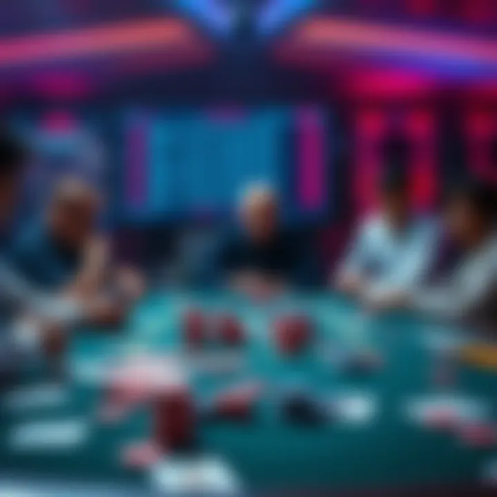 Poker game with unusual patterns A poker table showing players looking confused, with cards and chips scattered; a digital screen showing betting odds in the background