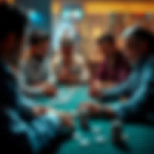 A group of people playing poker, engaged in discussion about personality traits and experiences, with cards and chips on the table.